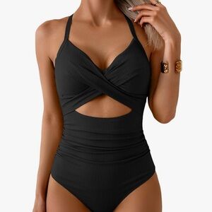 Ribbed Black Cutout One-Piece Swimwear